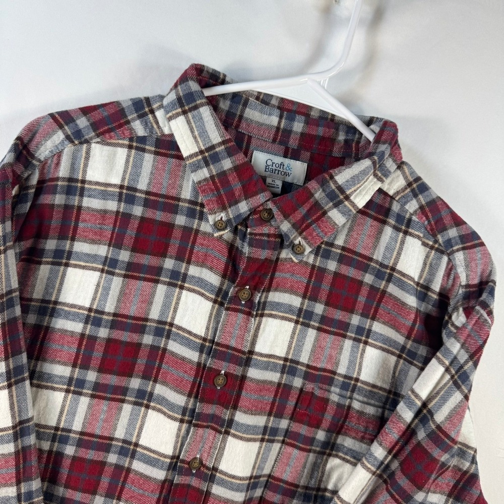 Croft & Barrow Mens XL Red White Navy Plaid Flannel Button Down Shirt Cotton